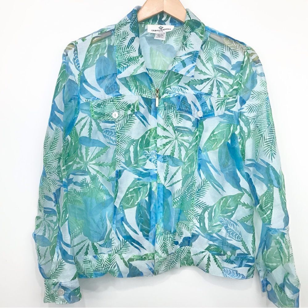 Erin London Tropical Green / Blue Semi Sheer Zip Up Lightweight Jacket